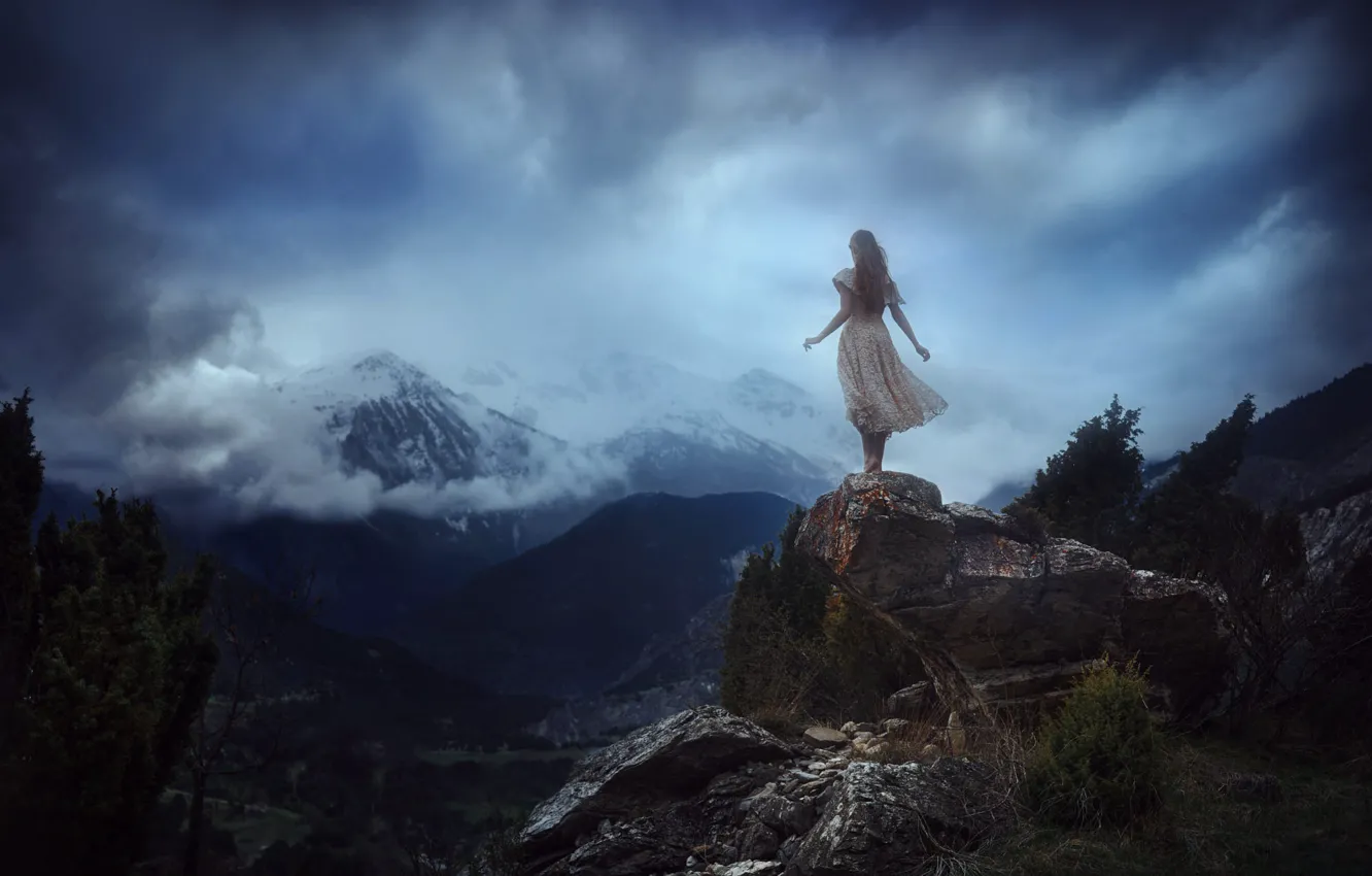 Photo wallpaper girl, clouds, nature, rocks, dress, TJ Drysdale