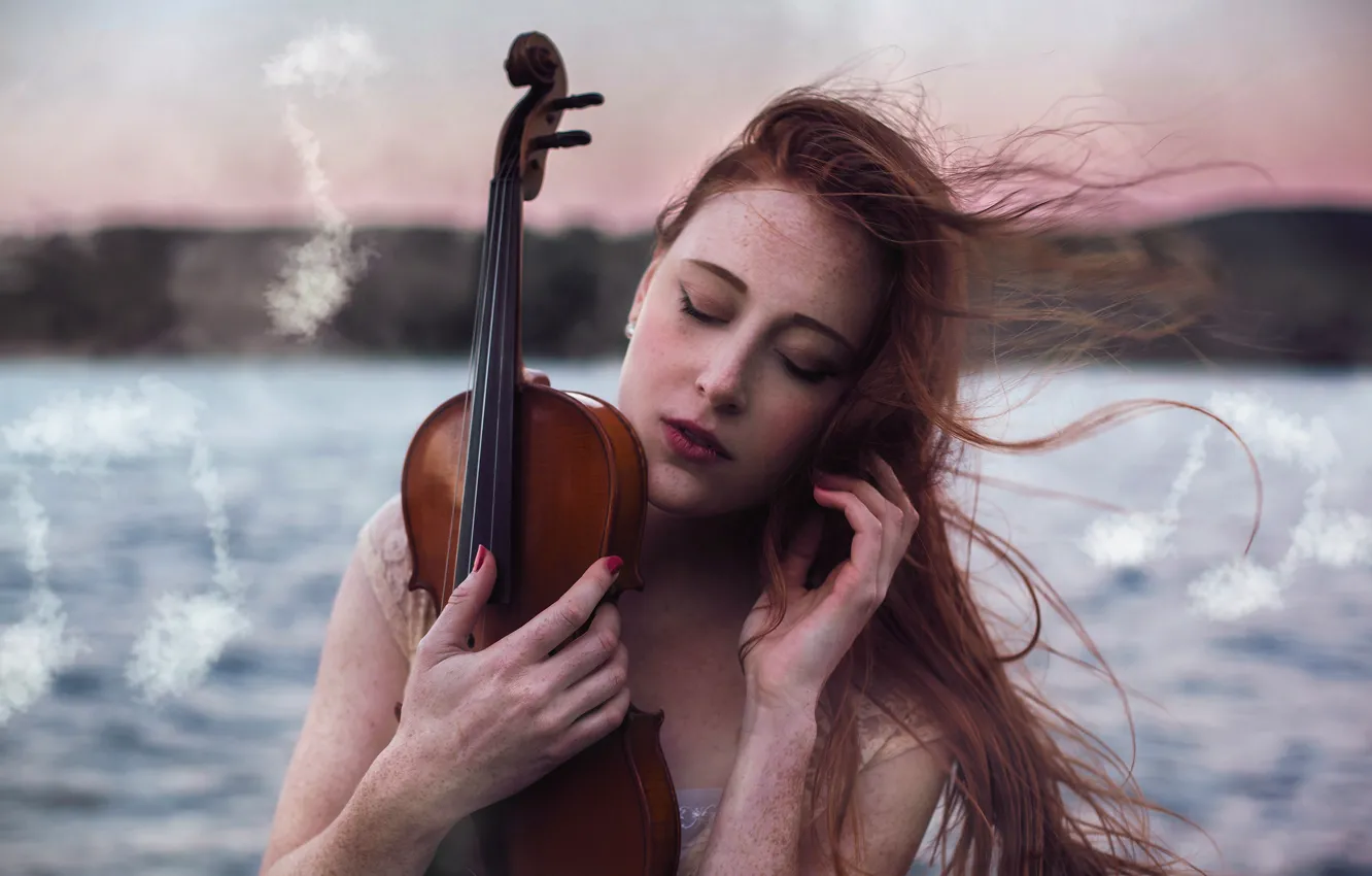 Photo wallpaper sea, water, girl, nature, face, notes, music, background