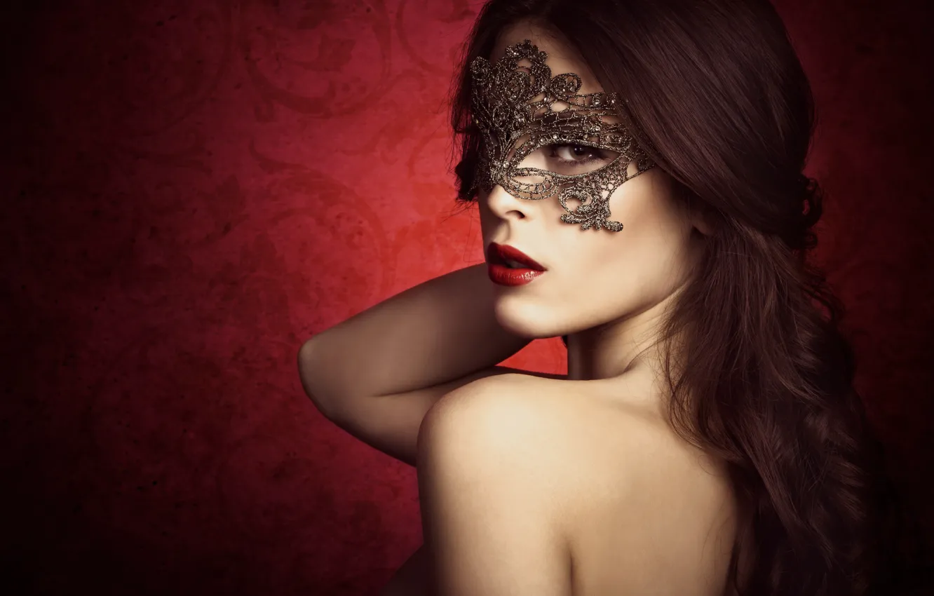 Photo wallpaper look, girl, face, background, hair, lipstick, mask, shoulders