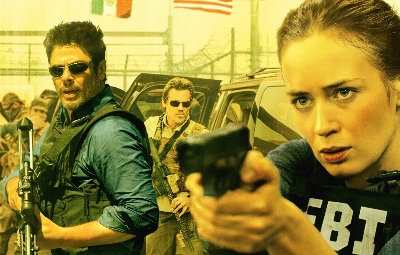 Photo wallpaper Girl, Action, Beautiful, Cars, Men, Emily Blunt, Wallpaper, Guns