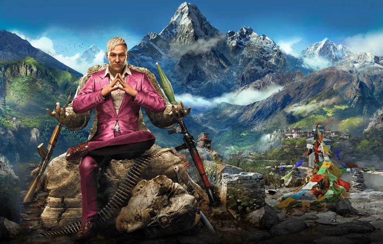 Photo wallpaper the sky, look, clouds, snow, mountains, weapons, costume, statue