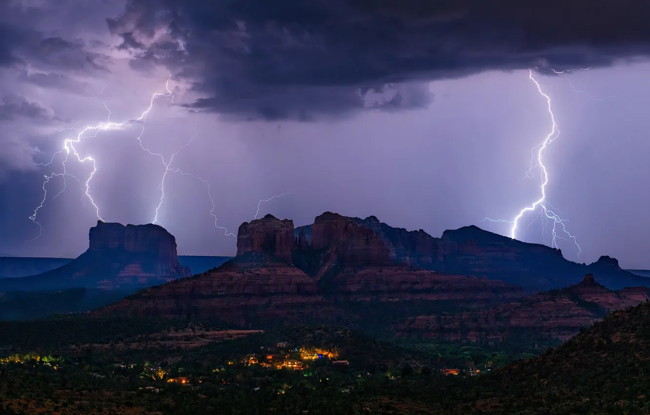 Photo wallpaper the storm, the sky, stars, mountains, night, clouds, lights, darkness
