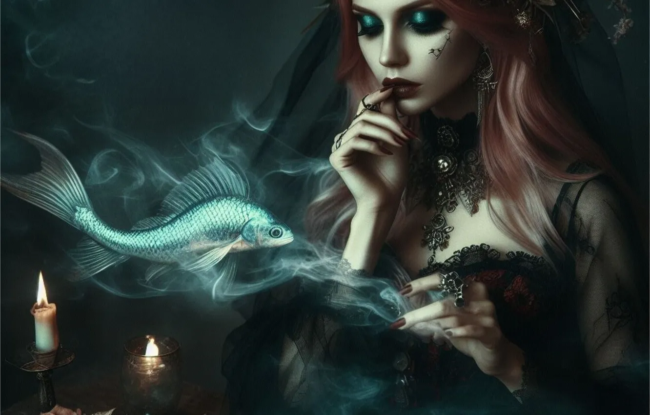 Photo wallpaper look, girl, face, pose, fantasy, mermaid, fantasy, AI art