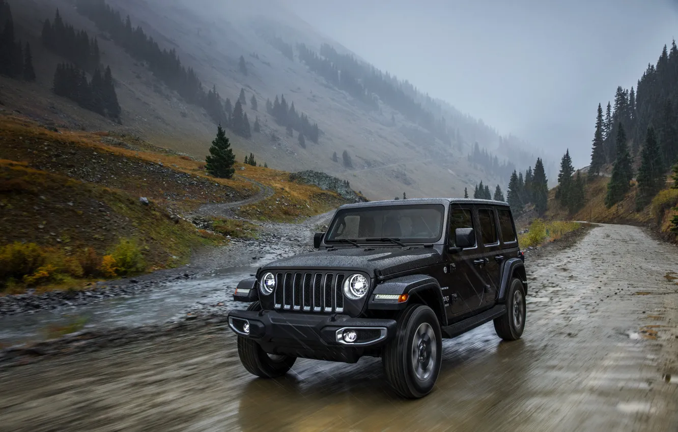 Photo wallpaper mountains, fog, 2018, dampness, Jeep, dark gray, Wrangler Sahara