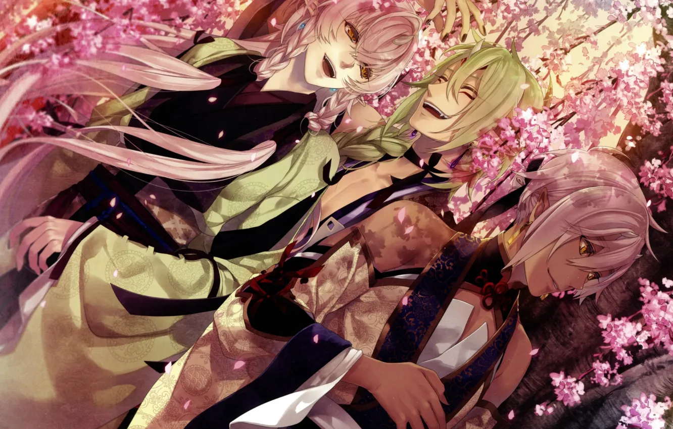 Photo wallpaper smile, garden, Sakura, kimono, friends, flowering, three, visual novel