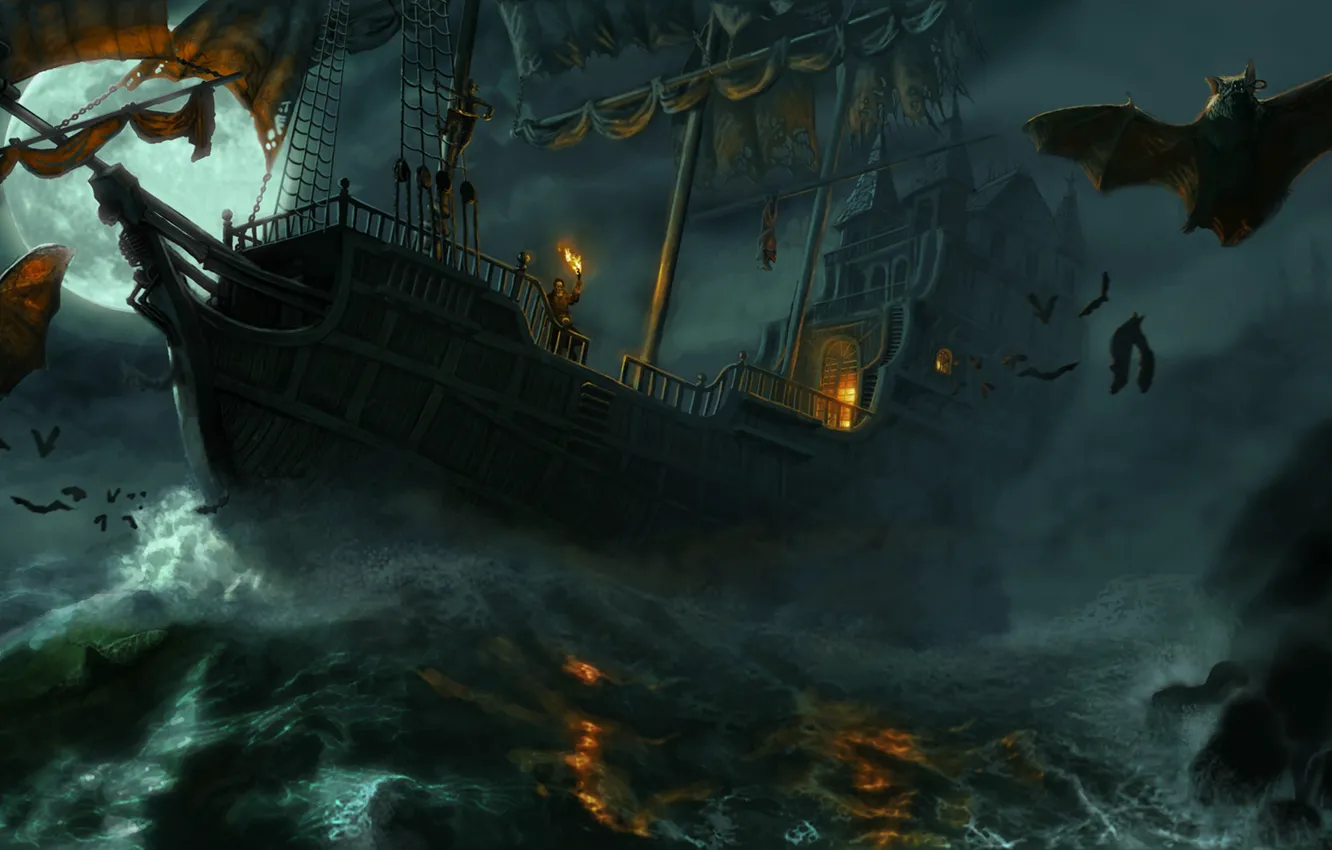 Photo wallpaper sea, night, storm, people, ship, vampires, mouse, volatile