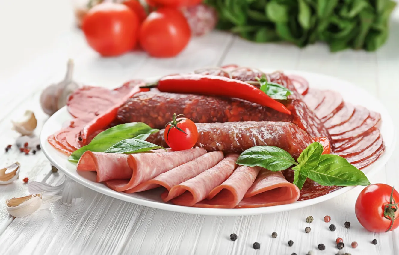 Photo wallpaper vegetables, sausage, cutting, ham