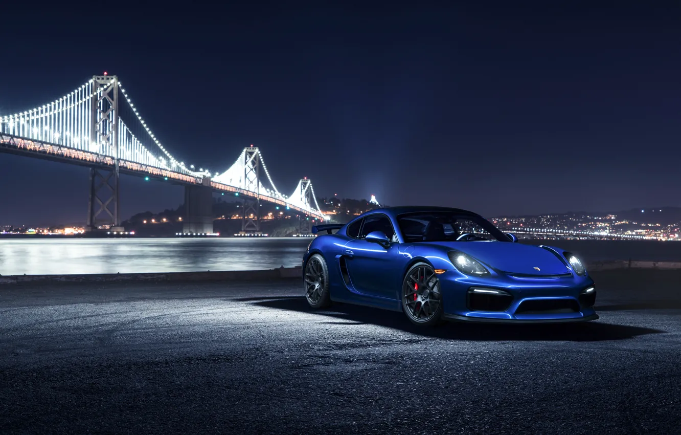 Photo wallpaper Porsche, Cayman, Car, Blue, Front, Bridge, Night, Sport