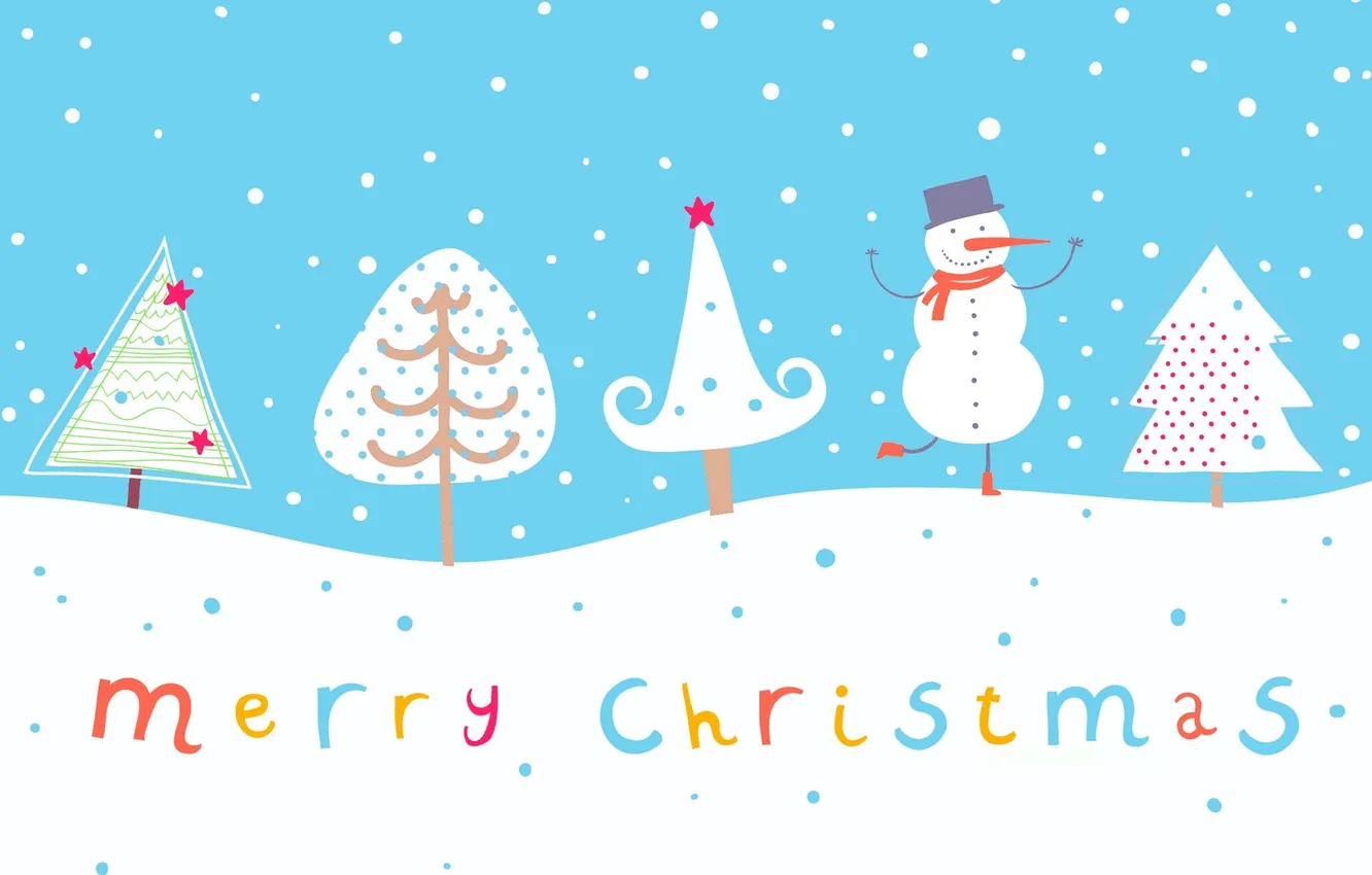 Photo wallpaper snow, trees, snowflakes, snowman, congratulations