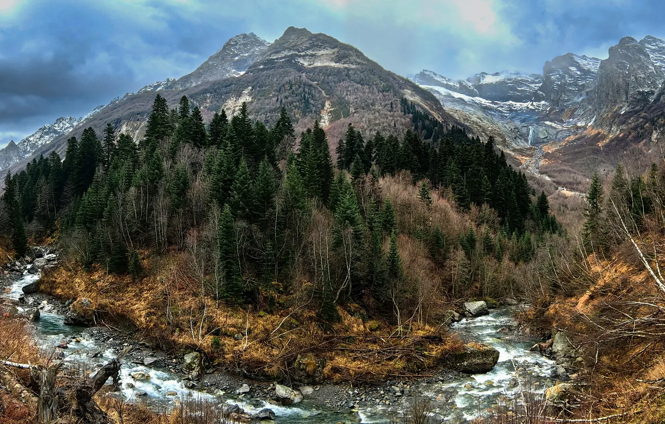 Photo wallpaper river, water, mountain, forrest