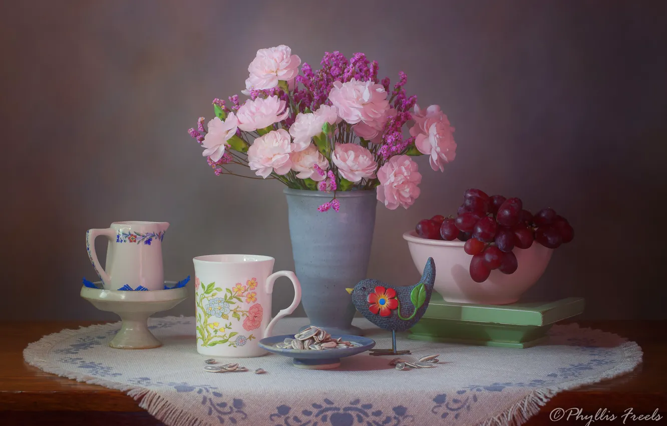 Photo wallpaper flowers, style, background, bouquet, grapes, mug, vase, bird
