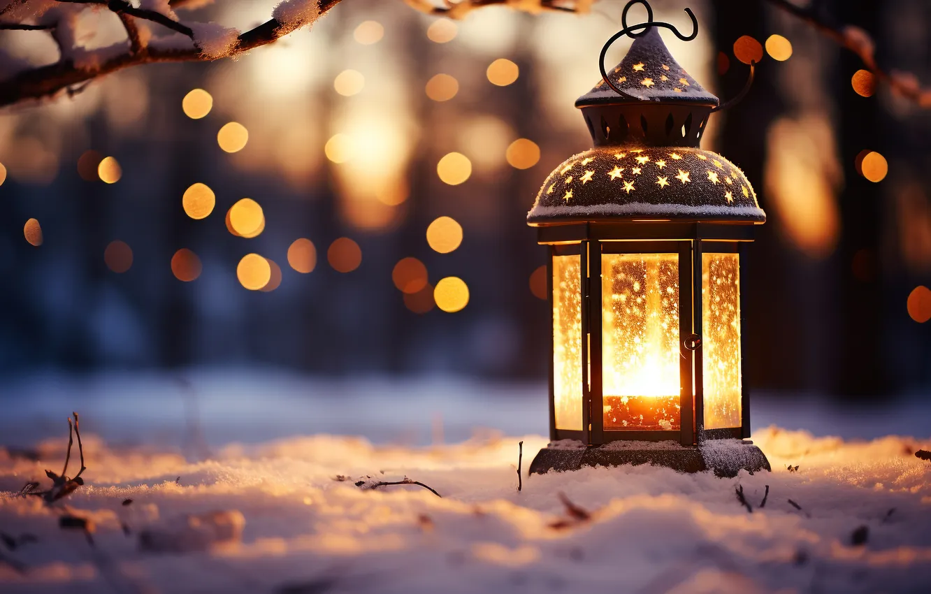 Photo wallpaper winter, snow, night, new year, Christmas, lights, Christmas, night