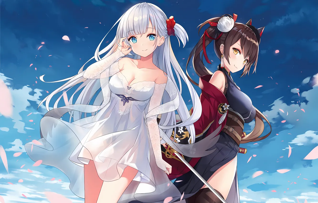 Photo wallpaper sexy, cleavage, thighhighs, sky, long hair, dress, girls, brown hair