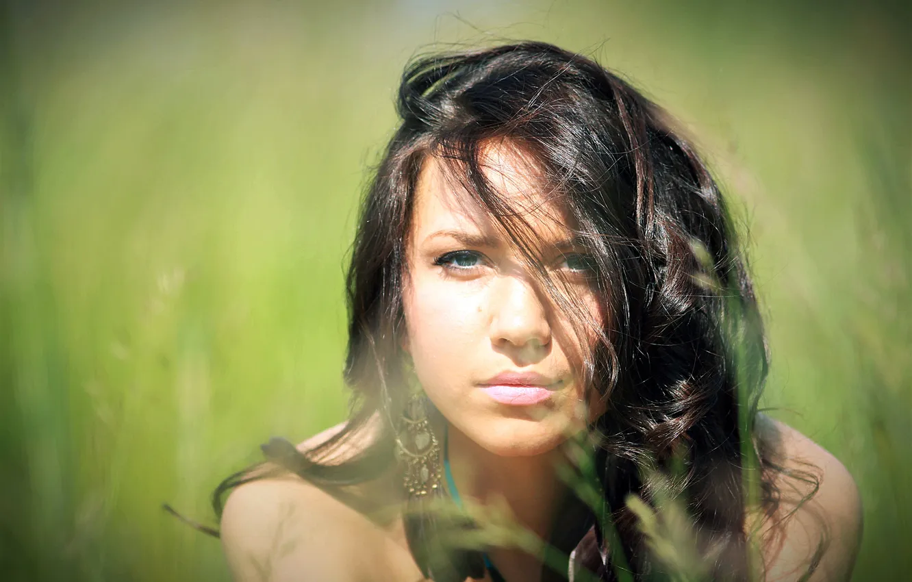 Photo wallpaper grass, look, green, hair, brunette