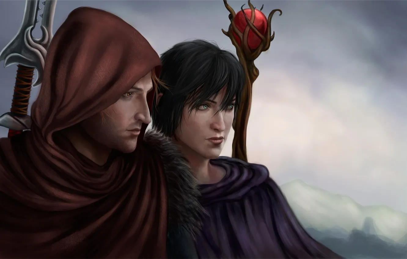 Photo wallpaper girl, hood, MAG, staff, guy, cloak, Dragon Age, fanart