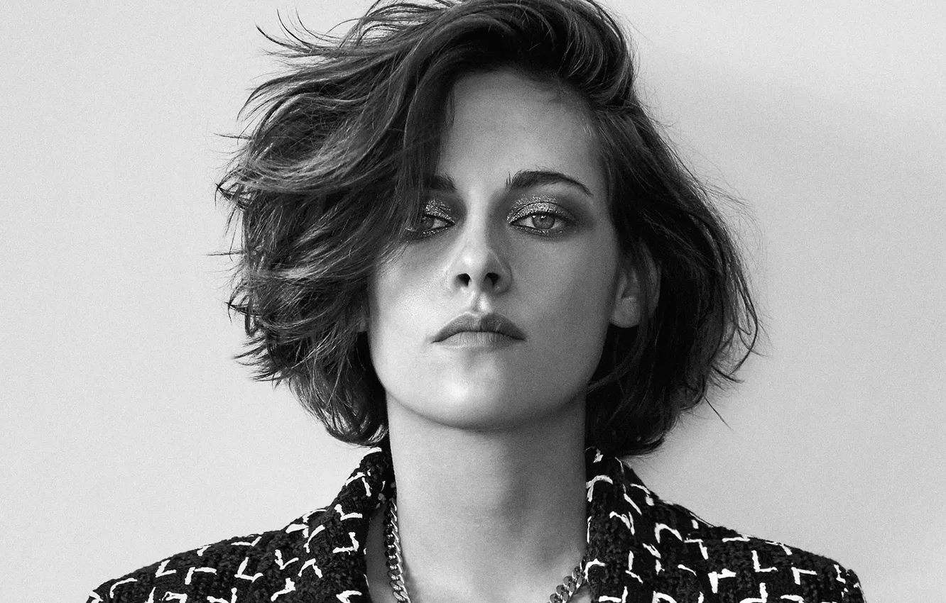 Photo wallpaper photo, model, portrait, makeup, actress, hairstyle, black and white, Kristen Stewart