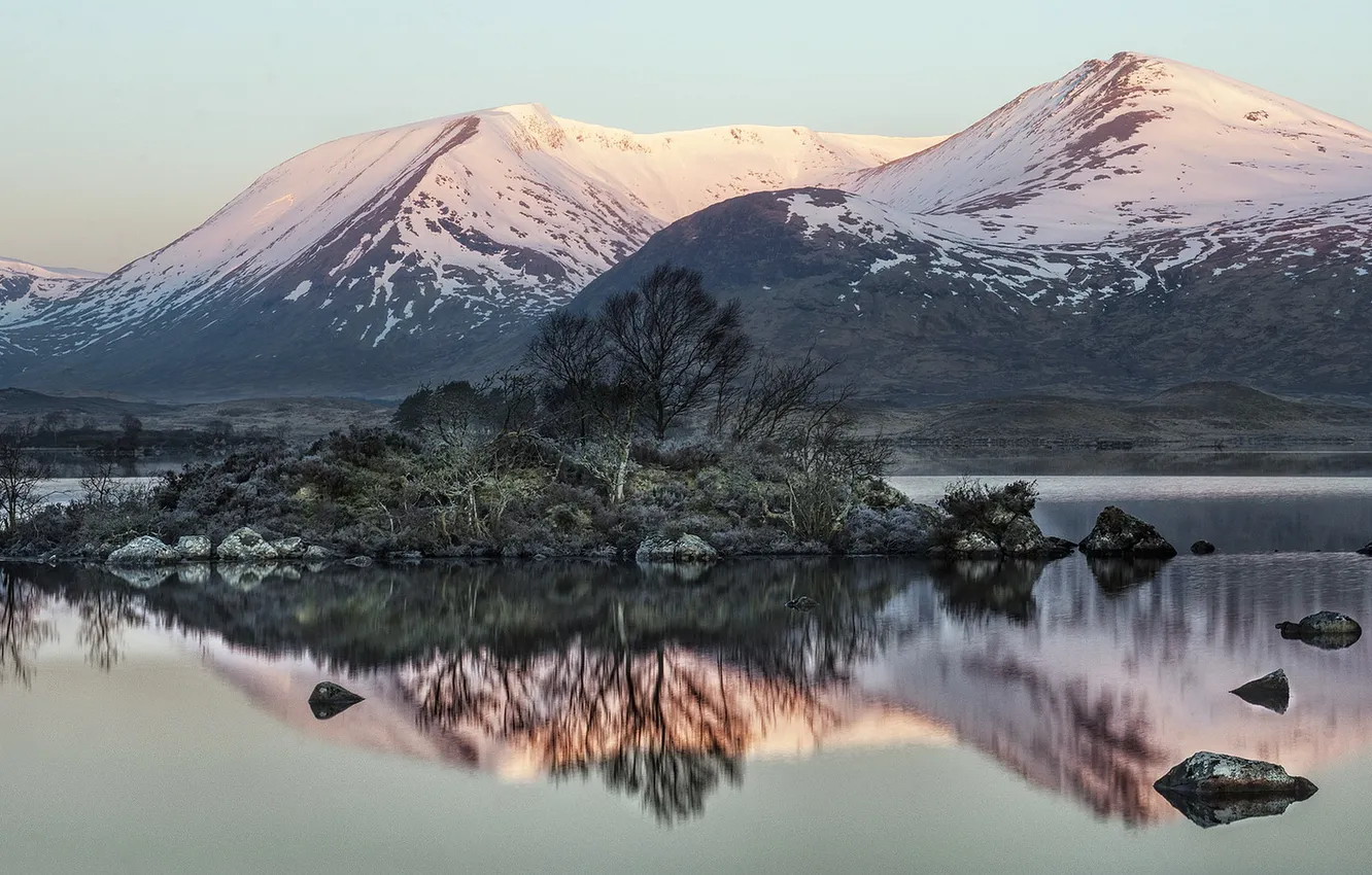 Photo wallpaper pink, winter, mountain, sunrise, Scotland, Glencoe, Lochan