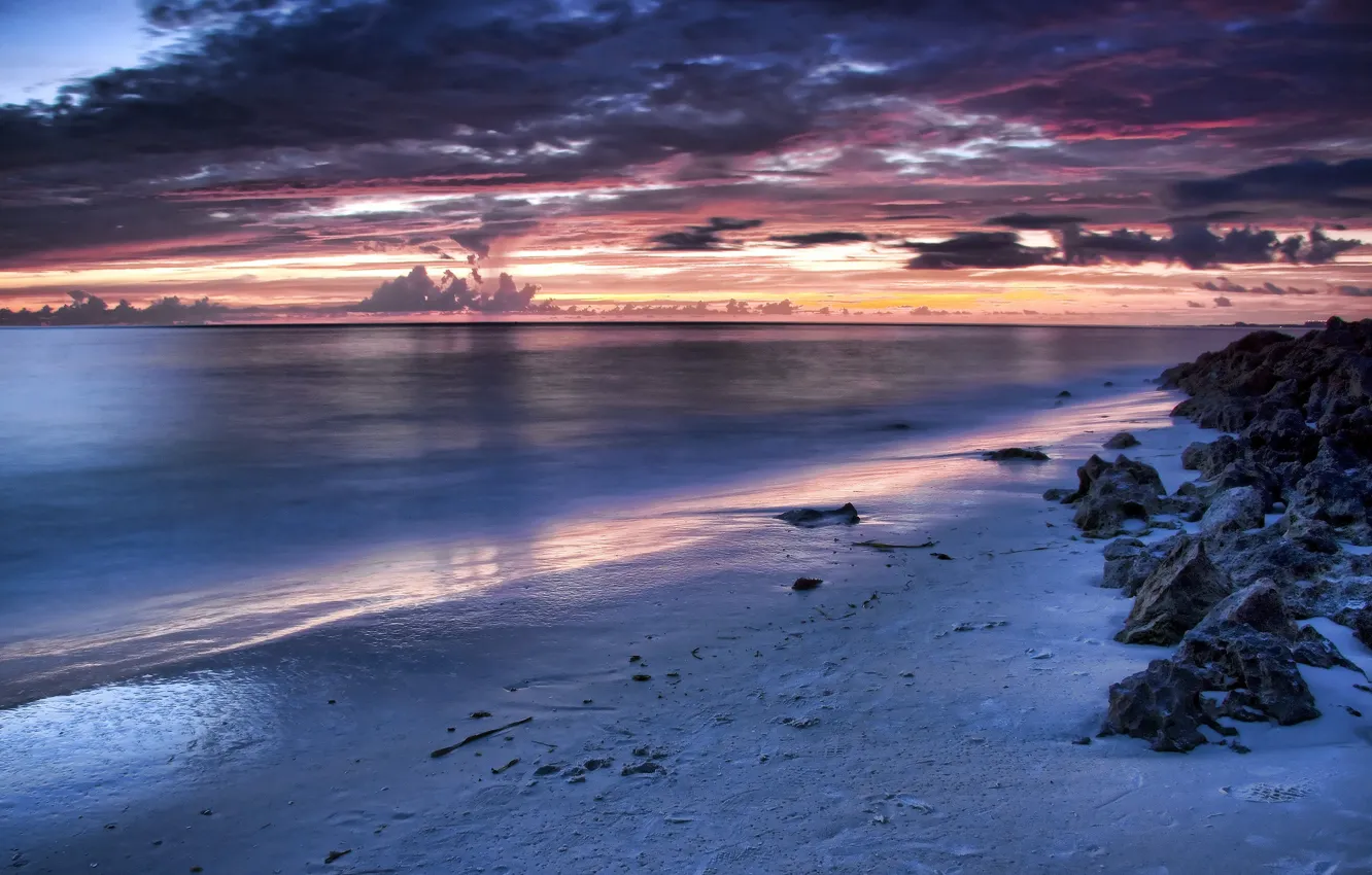 Photo wallpaper sea, clouds, sunset, stones, shore