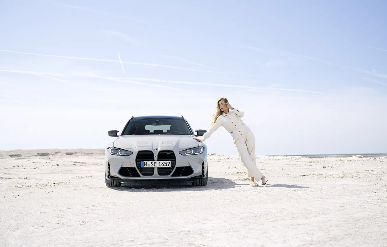 Photo wallpaper car, BMW, girl, sky, M3, BMW M3 Competition Touring M xDrive, G81