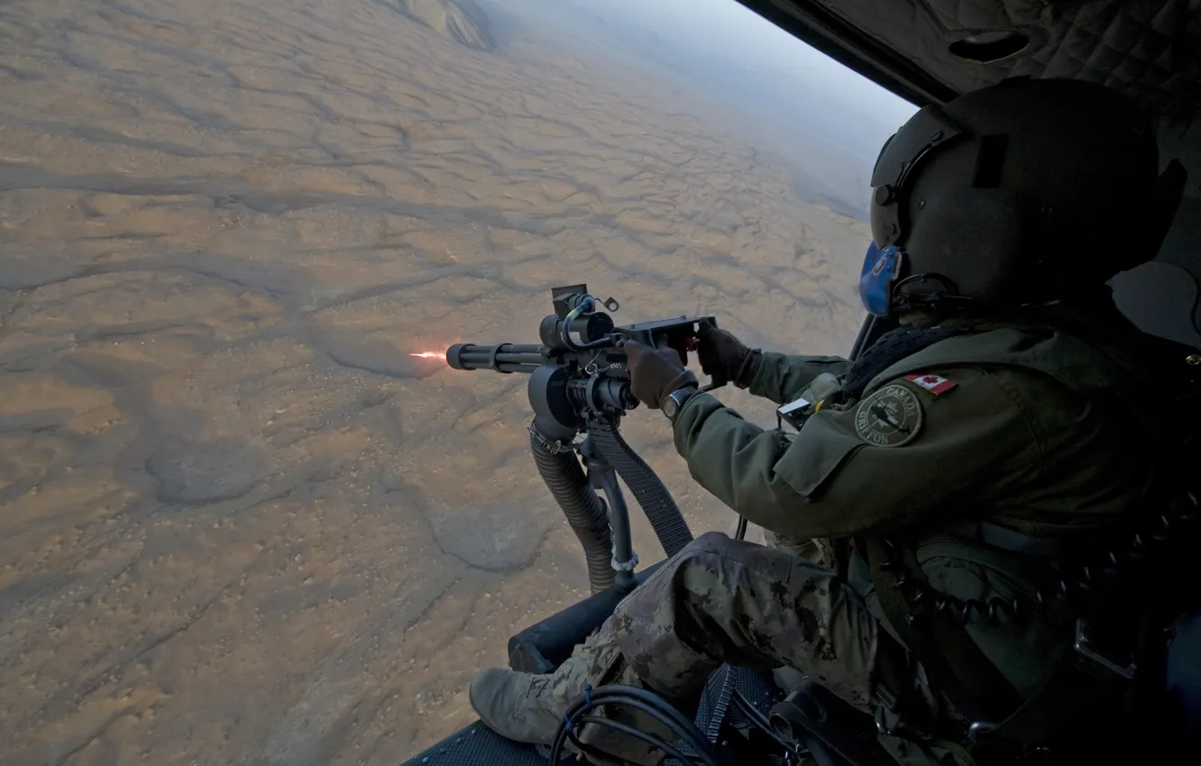 Photo wallpaper soldiers, helicopter, machine gun, Canada, soldier, the fire