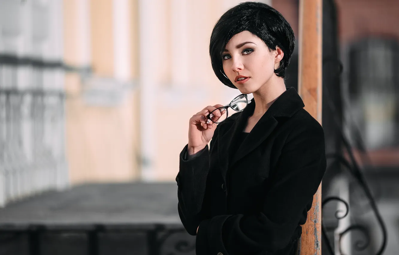 Photo wallpaper look, girl, haircut, portrait, brunette, glasses, hairstyle, black