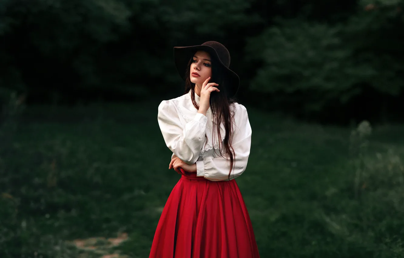 Photo wallpaper forest, look, girl, green, sweetheart, model, skirt, portrait