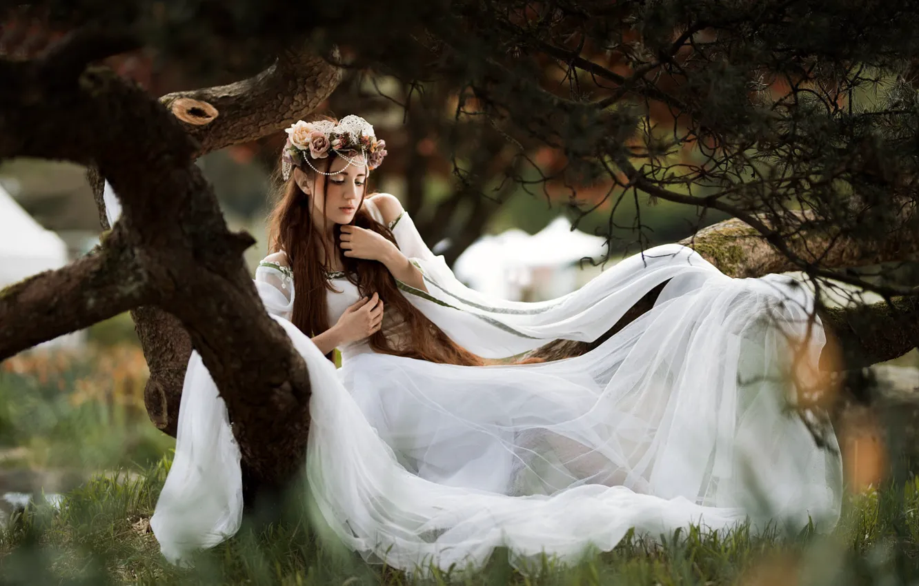 Photo wallpaper summer, girl, decoration, trees, flowers, branches, nature, pose