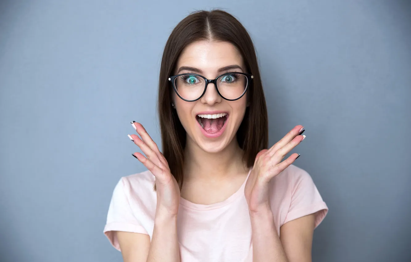 Photo wallpaper look, girl, joy, emotions, background, mood, hands, makeup