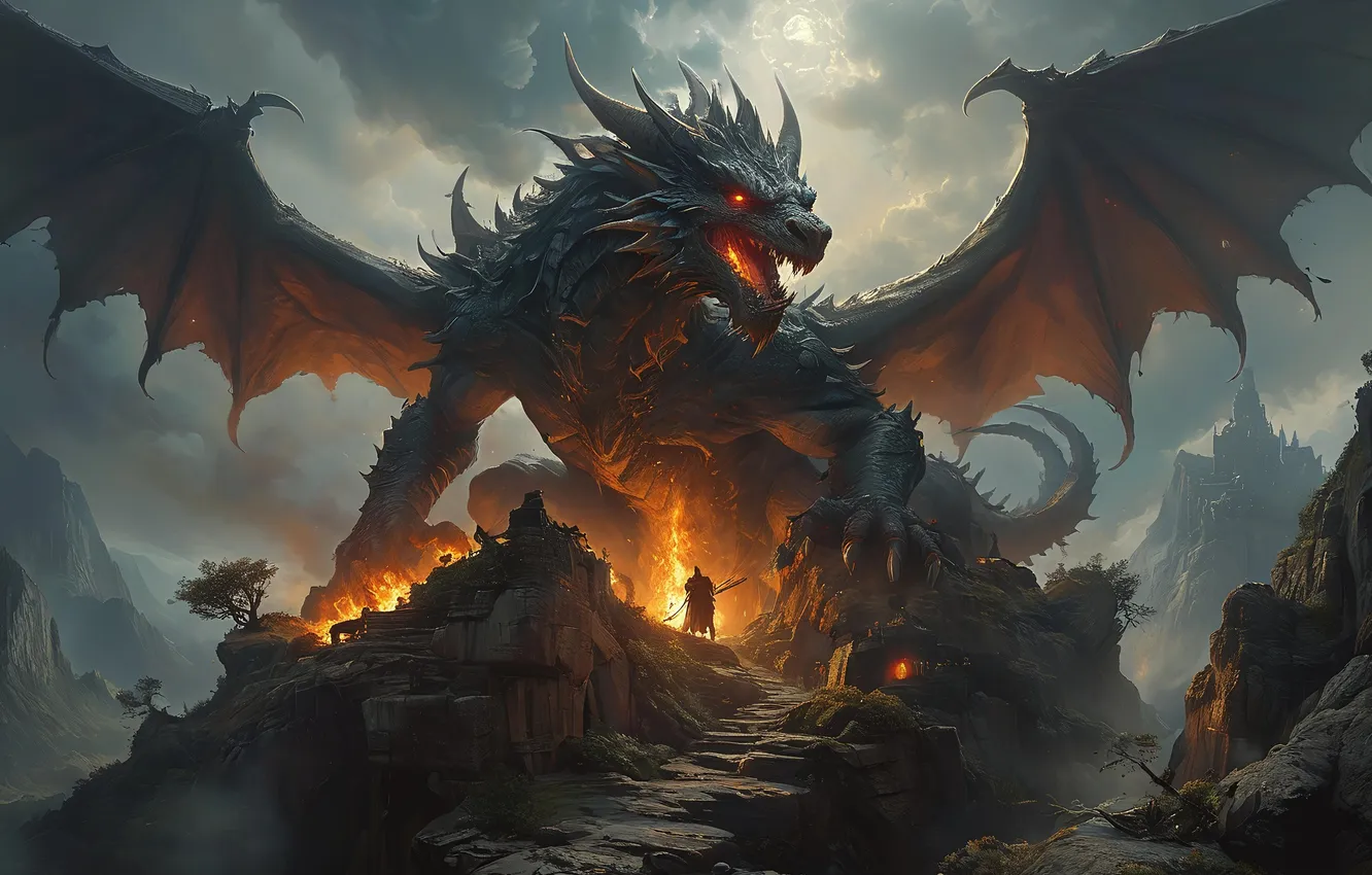 Photo wallpaper dragon, fantasy, knight