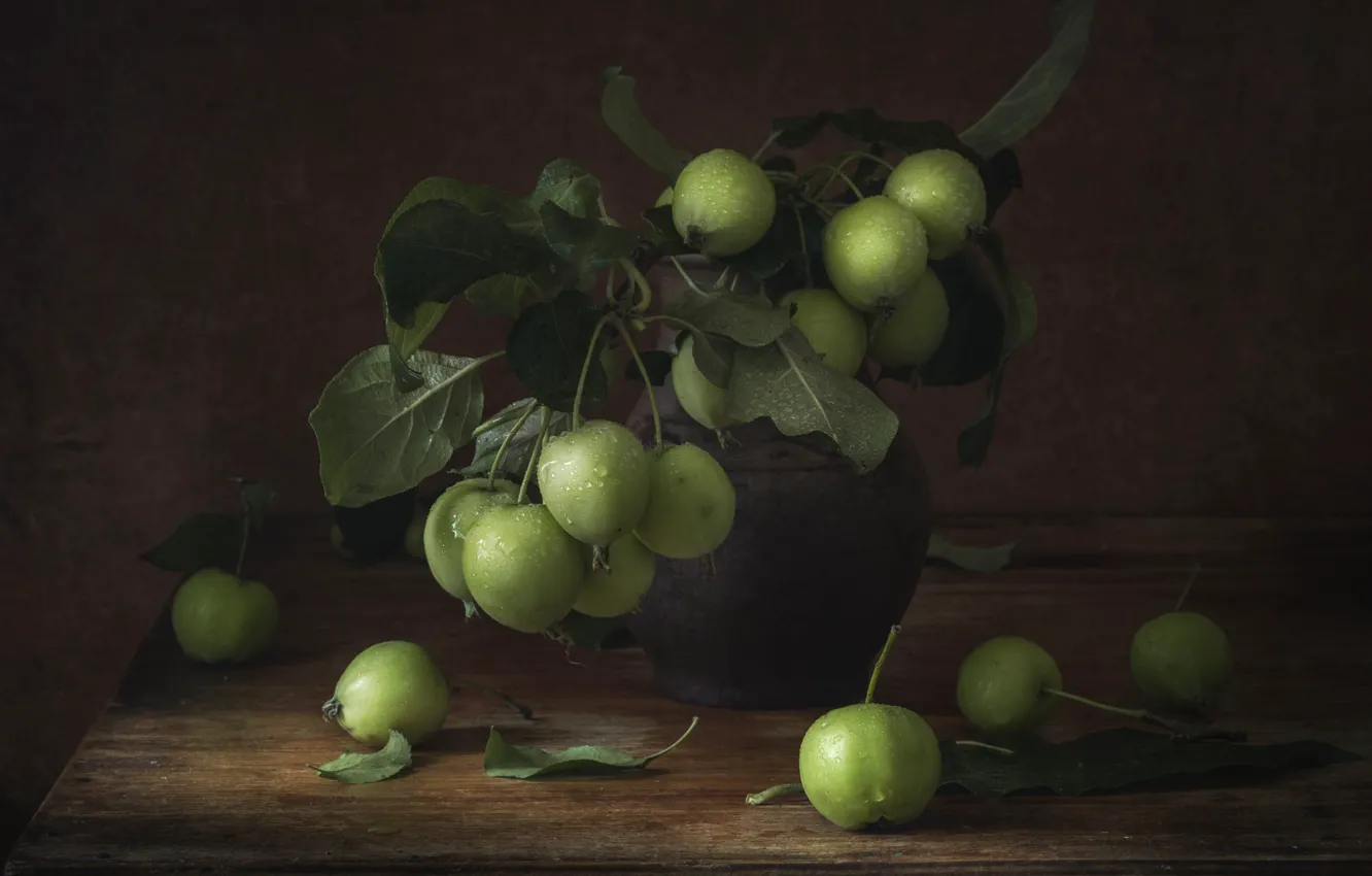 Photo wallpaper leaves, drops, branches, green, table, apples, bouquet, still life