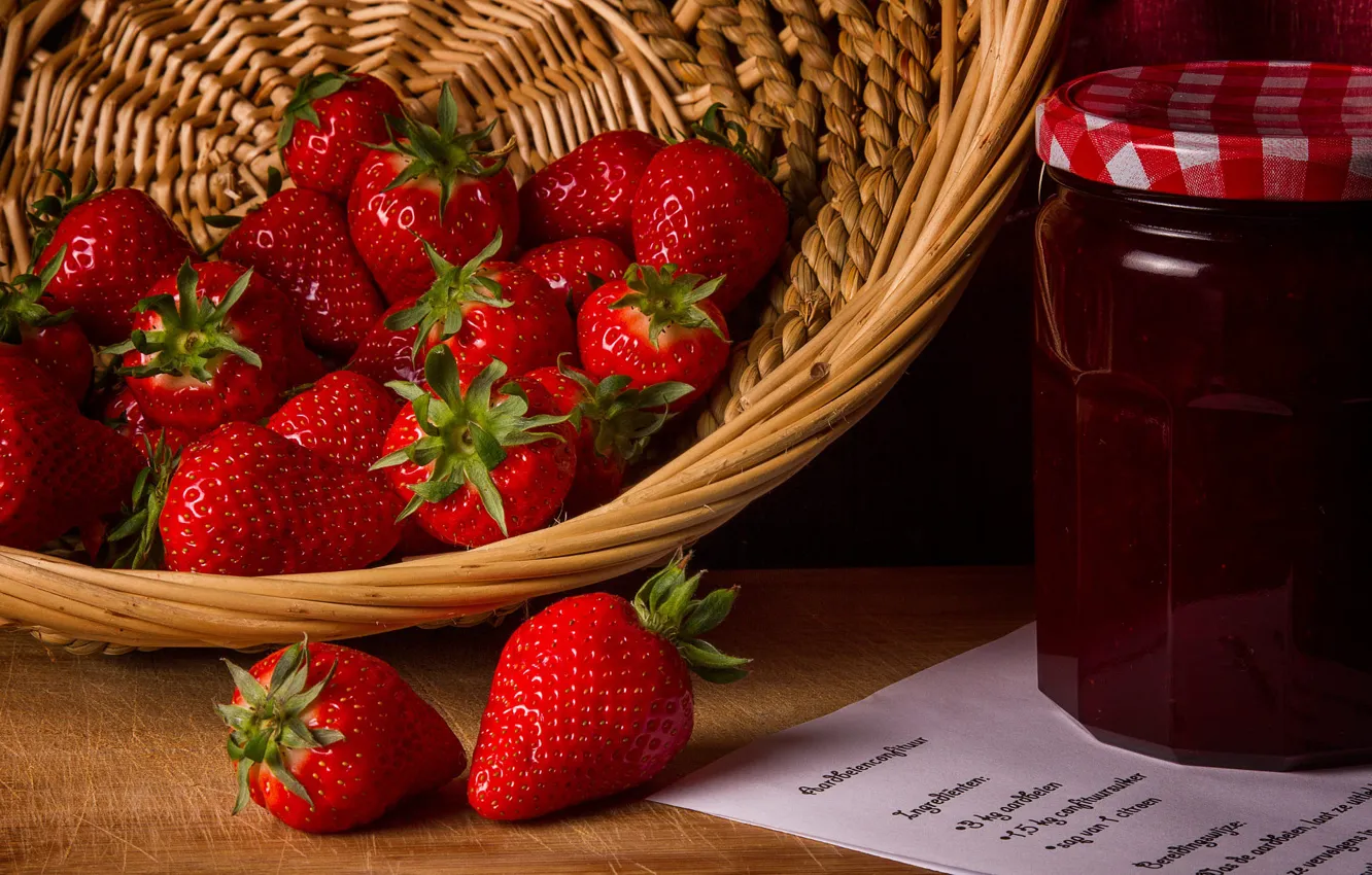 Photo wallpaper berries, strawberry, Bank, basket, jam, strawberry, recipe, blank