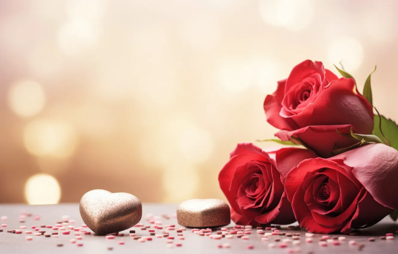 Photo wallpaper love, flowers, red, heart, roses, bouquet, candy, hearts