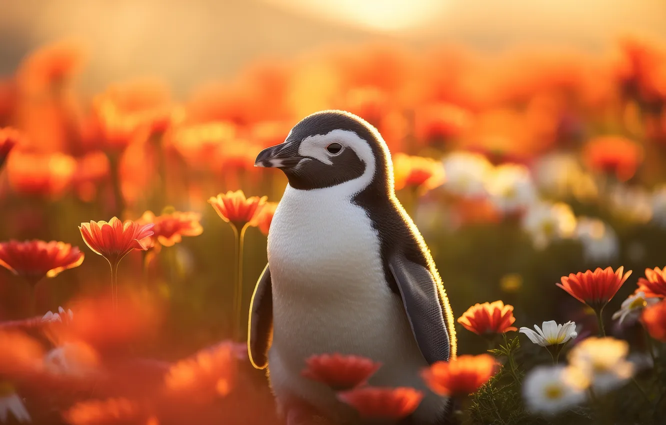 Photo wallpaper flowers, bird, penguins, penguin, AI art, neural network