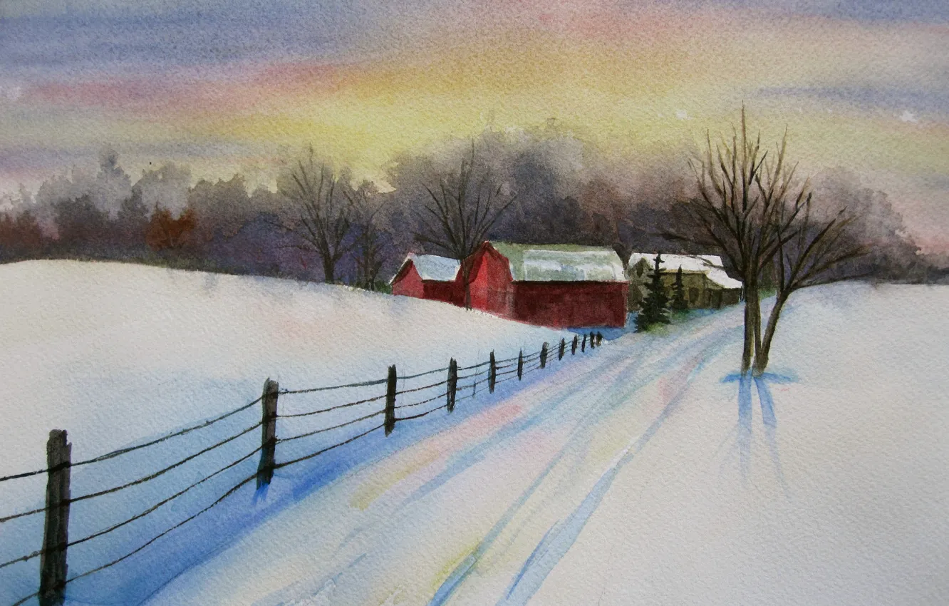 Photo wallpaper winter, the sky, snow, trees, landscape, the fence, home, picture