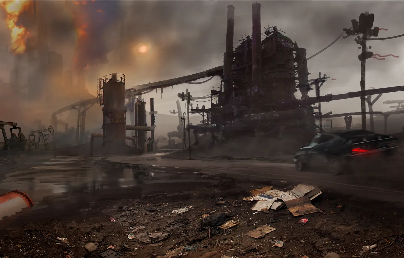 Photo wallpaper machine, sunset, lights, smoke, industry, crane, art, pipe