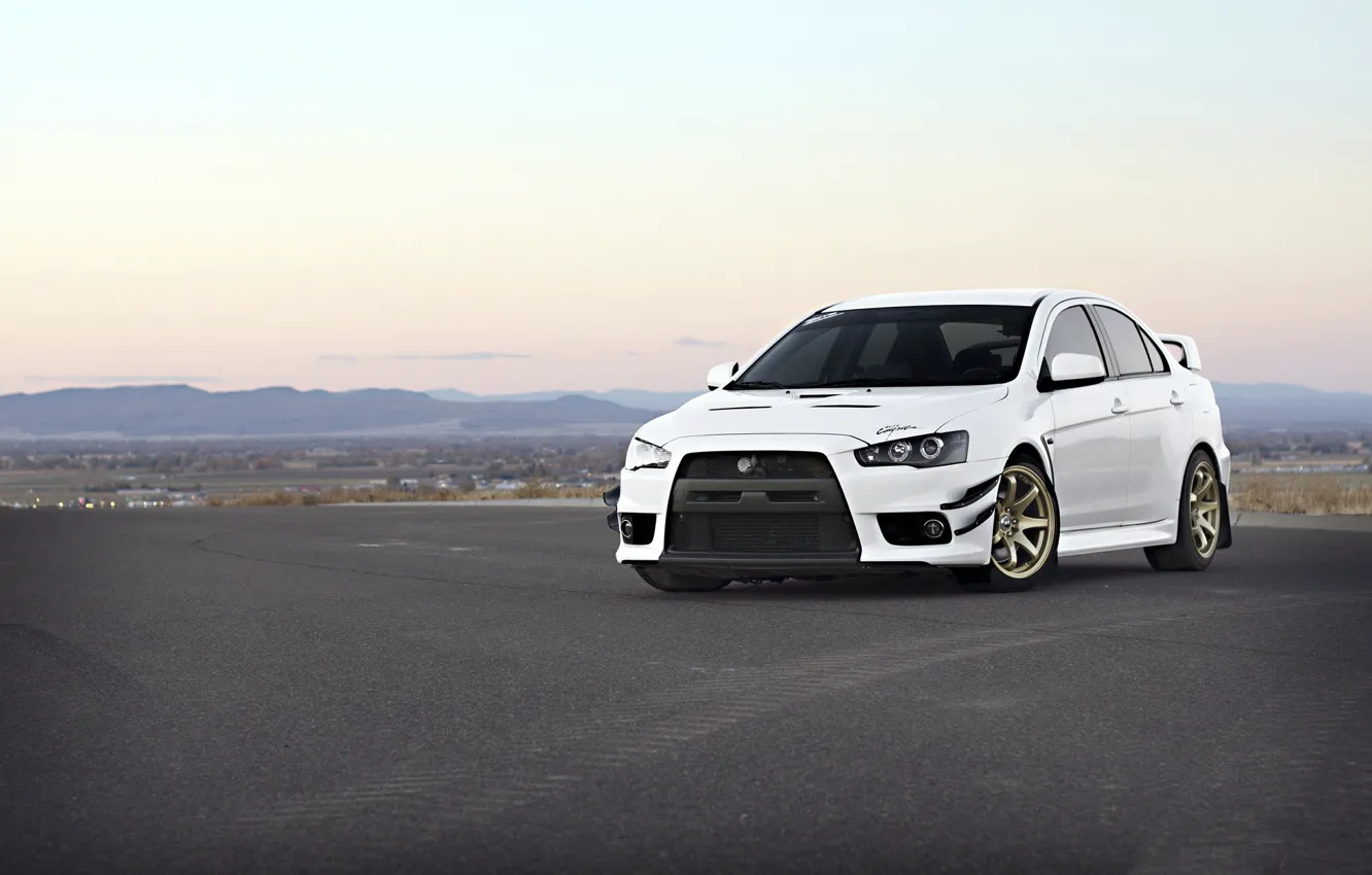 Photo wallpaper white, wheels, gold, mitsubishi, lancer, evolution