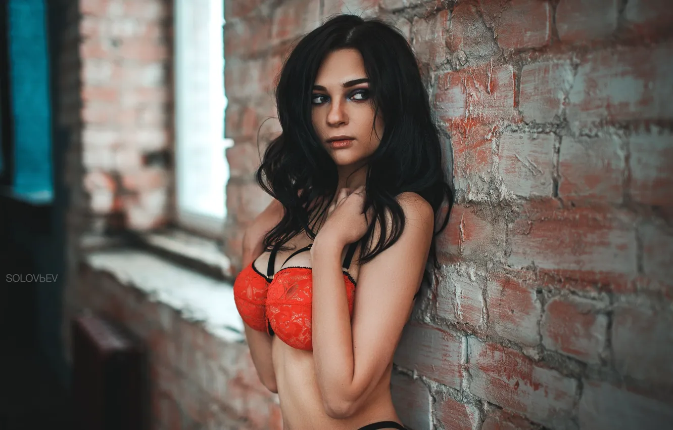 Photo wallpaper chest, look, wall, model, brunette, bra