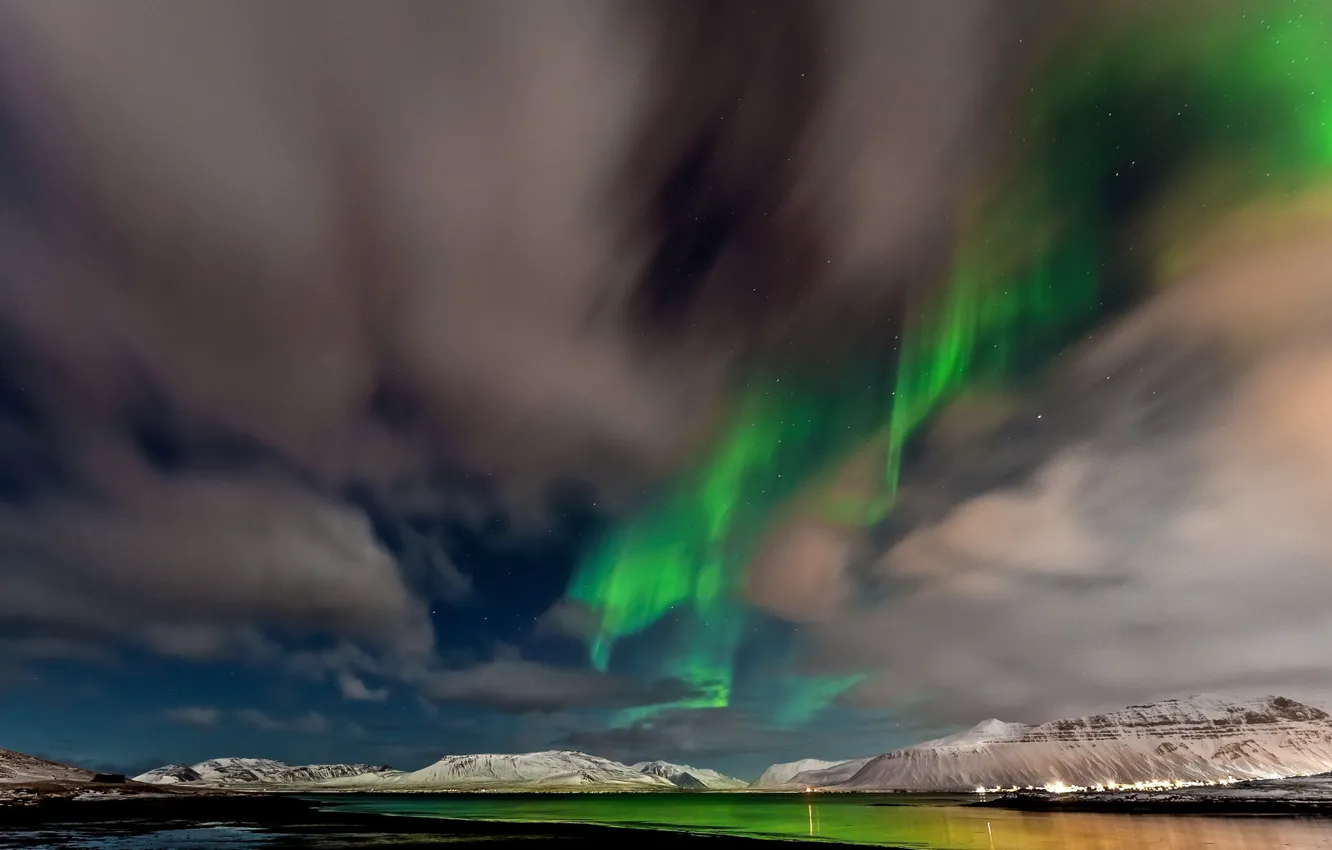 Photo wallpaper the sky, stars, clouds, mountains, Northern lights, Norway
