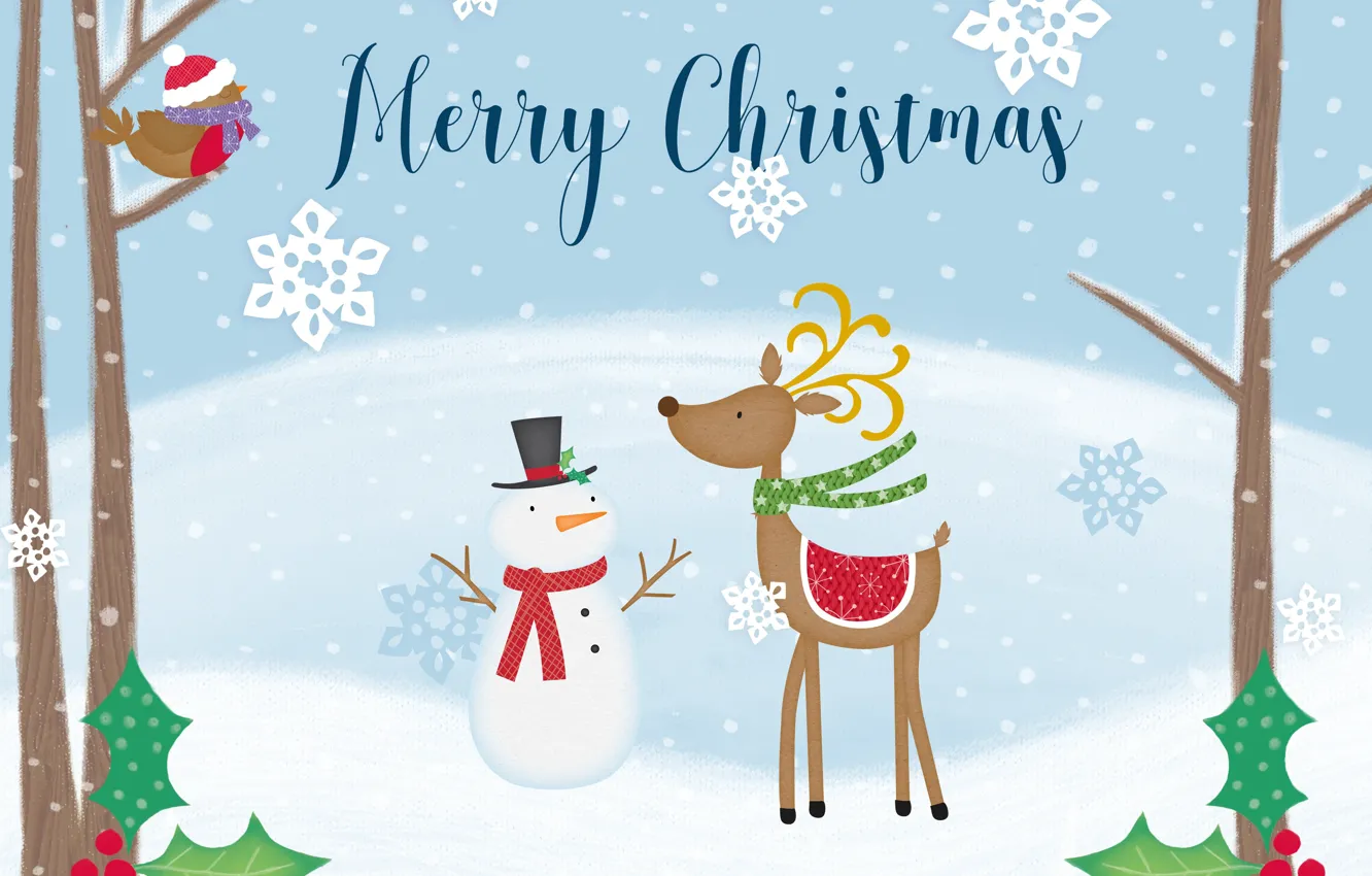 Photo wallpaper winter, snow, holiday, graphics, deer, Christmas, New year, snowman