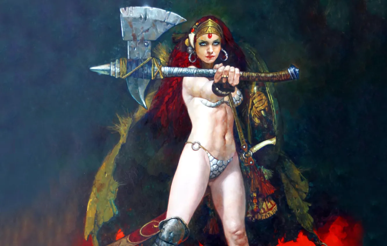 Photo wallpaper axe, girl, sexy, Red Sonja, red head, girl & sword