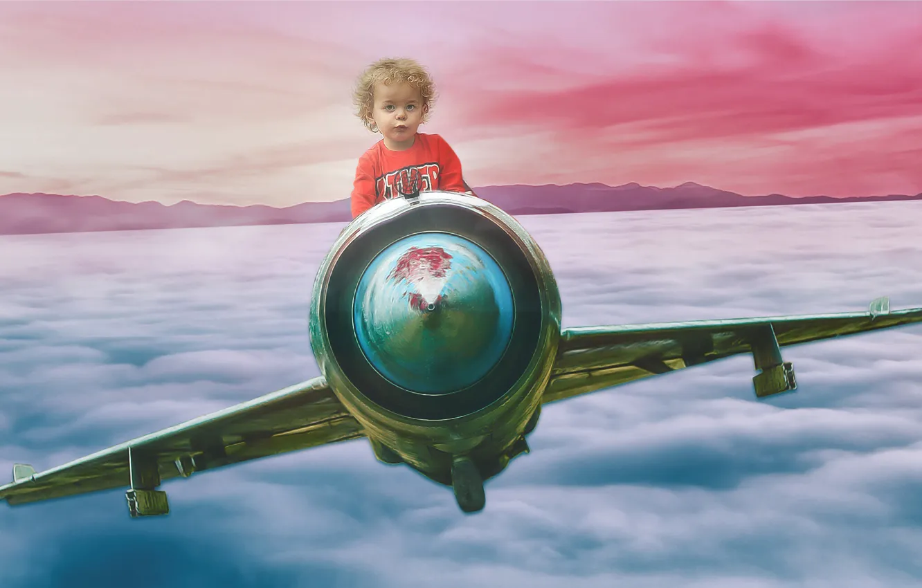 Photo wallpaper the sky, flight, the plane, rendering, child, boy, baby, pilot