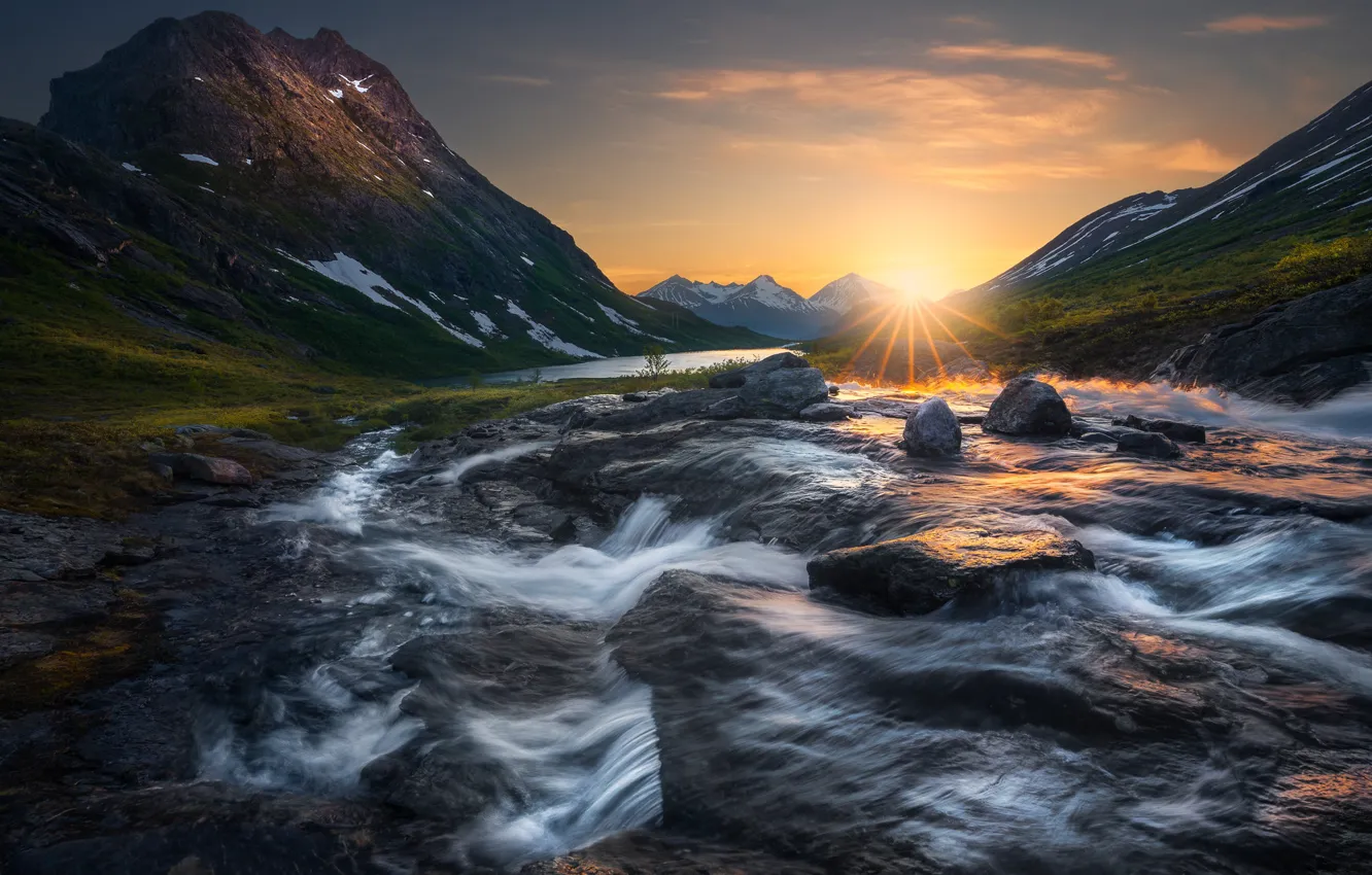 Photo wallpaper mountains, river, sunrise, dawn, Norway, Norway, Romsdalen Valley, Valley Of Romsdalen