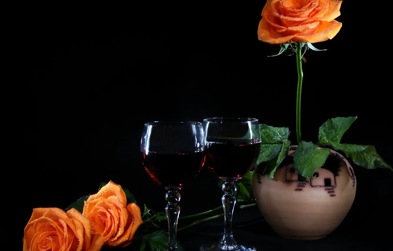 Photo wallpaper mood, wine, roses, glasses