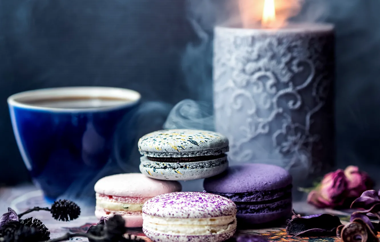 Photo wallpaper candle, Cup, buds, macaroon