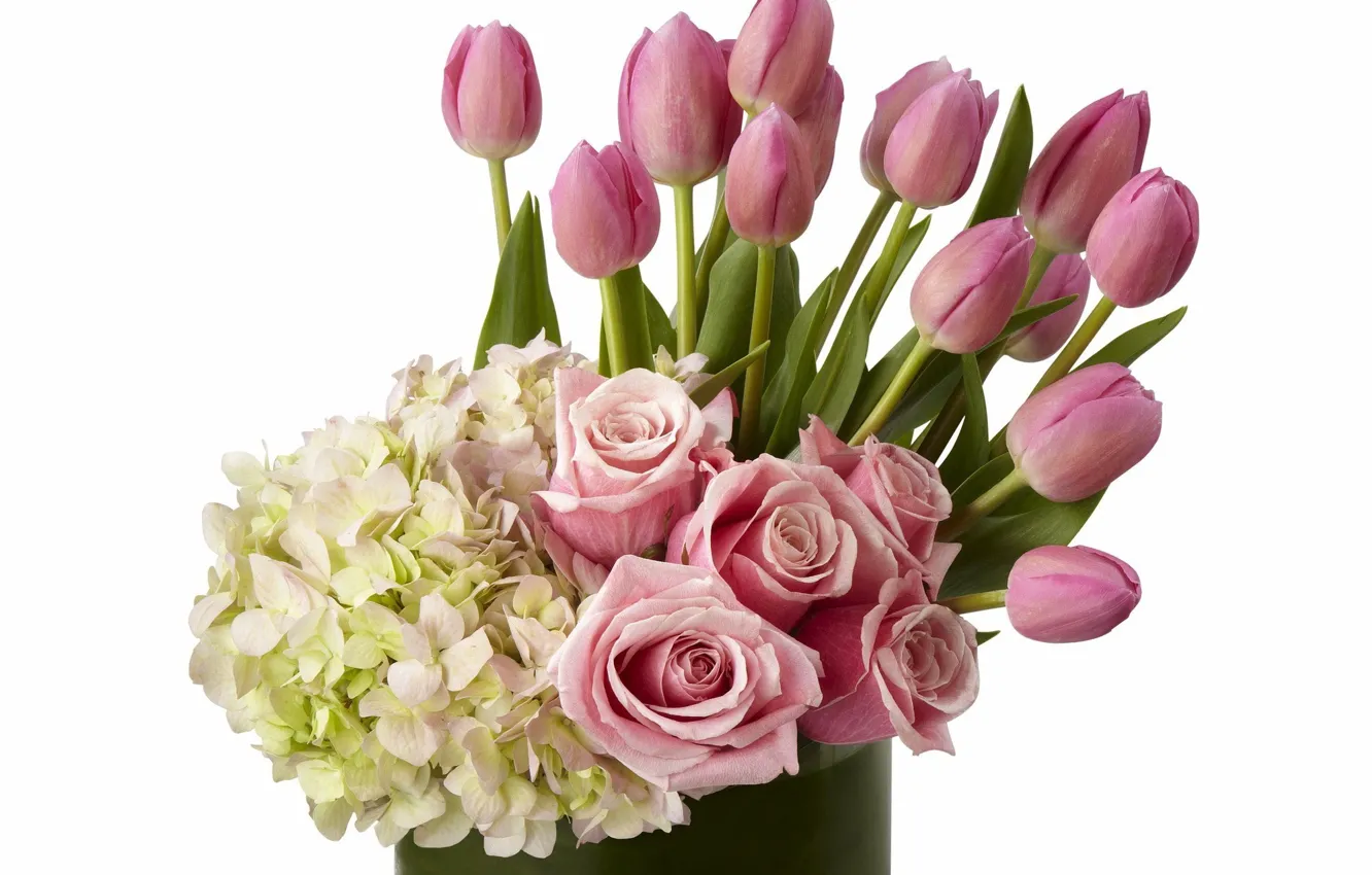 Photo wallpaper flowers, roses, bouquet, lilac, hydrangea, composition