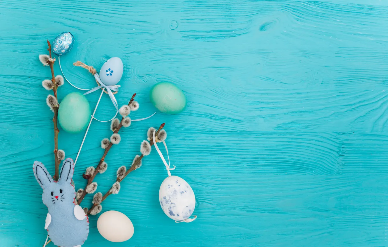 Photo wallpaper branches, eggs, spring, Easter, wood, Verba, blue, spring