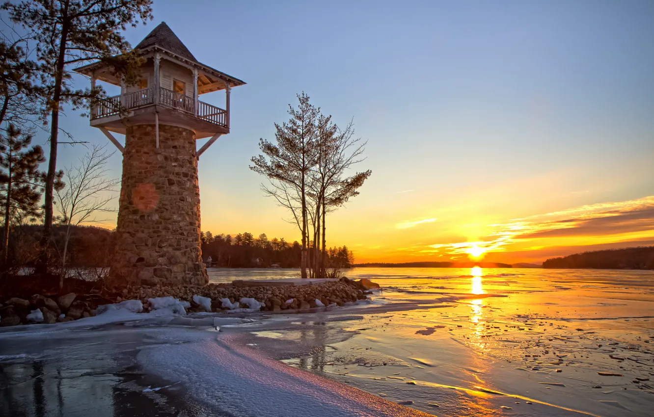 Photo wallpaper landscape, sunset, lake, ice