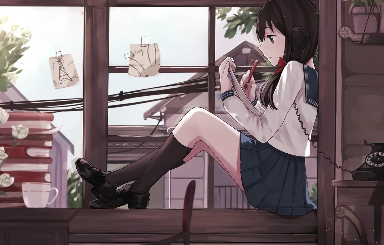 Photo wallpaper girl, anime, window, art, phone, pencil, form, schoolgirl