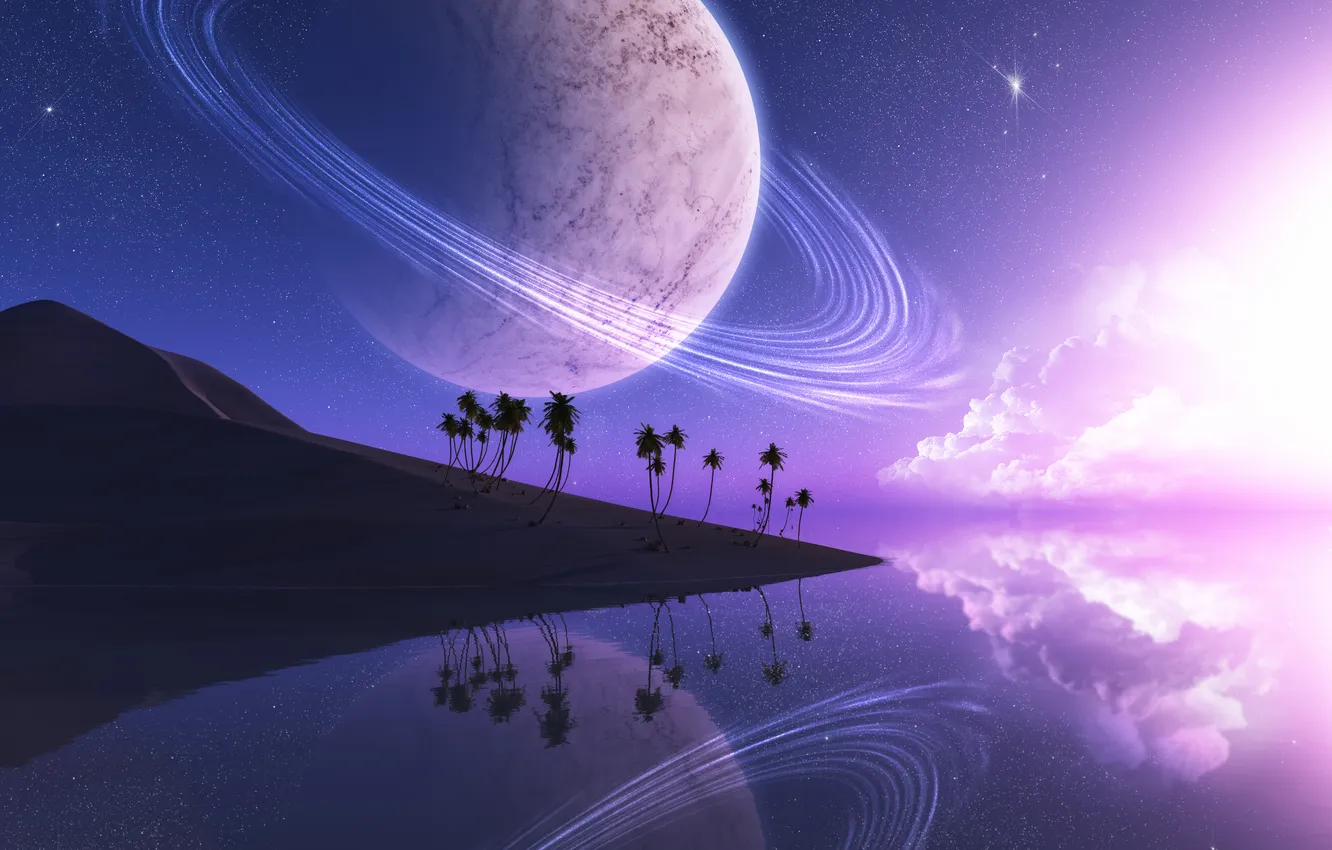 Photo wallpaper sand, the sky, water, clouds, reflection, palm trees, fiction, planet