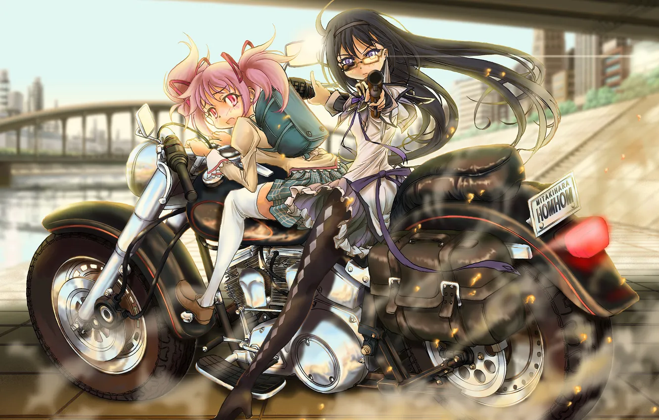 Photo wallpaper girl, anime, motorcycle, Madoka Magica